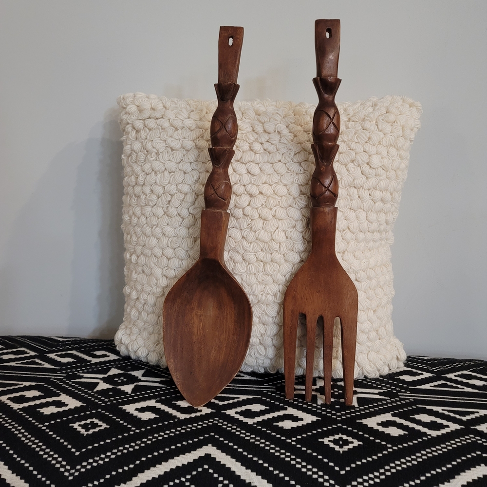 Vintage MCM Pineapple Design Wood Fork & Spoon Wall Decor 21" Phillipines